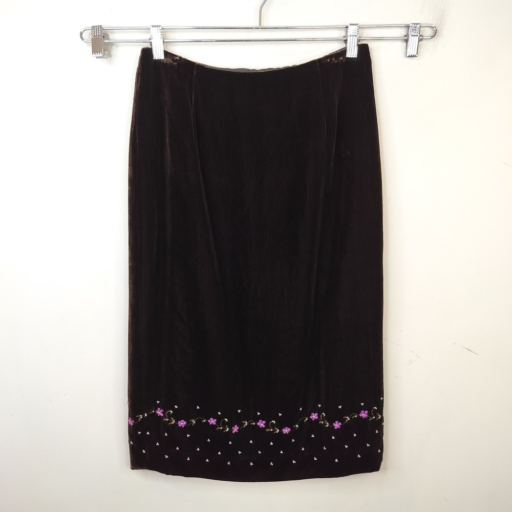 Ann Taylor Rayon Silk Velvet Pencil Skirt 4 Floral Embroidered Beaded Y2K Brown